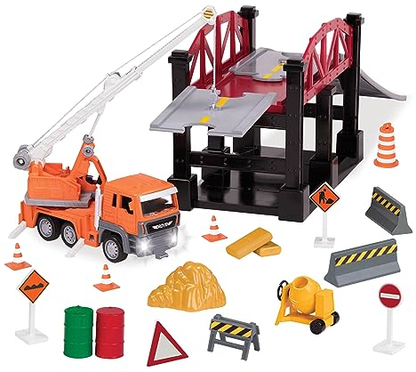 Driven by Battat – 35-teiliges Baustellen Spielset für Kinder – Kran Spielzeug & Zubehör – Großes Set – Spielzeugbrücke, Straßenschilder und mehr – ab 3 Jahren – Micro Brückenbau Spielzeug (35 Teile)