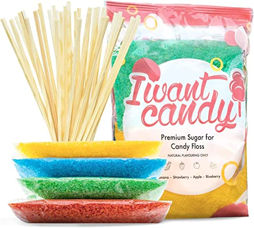 Partyset 4 x 200 Gramm Zuckerwatte Zucker inklusive 30 Zuckerwatte Stäbe | Apfel, Banane, Blaubeere, Erdbeere | Natürliche Aromen & Farbstoffe ohne AZO | Set für Zuckerwattemaschine von I WANT CANDY®
