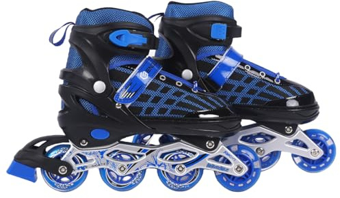 Endless EL1025 Inline Adjustable Skates Medium Size 34 EUR (UK 1.5) - 38 EUR (UK 5) for 6 to 12 Years | Blue | Aluminium Chassis and 70 mm PU Wheels | Front Wheel Flash, ABEC 7 Bearings