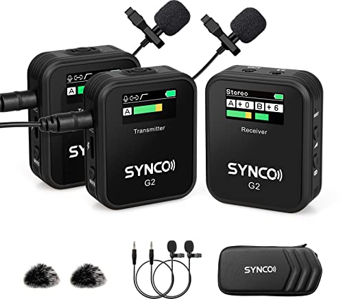 SYNCO Wireless Lavalier Mikrofon, G2(A2) 2.4GHz Ansteckmikrofon Kabellos 8H 200m Reichweite für Kamera mit Echtzeitüberwachung für Vlog YouTube