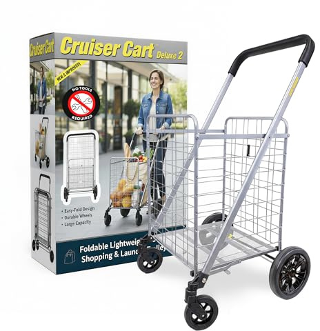 dbest Products Cruiser Cart Deluxe 2 - Foldable Shopping Cart with Wheels & Brake System - Heavy Duty Collapsible Utility Cart for Groceries & Laundry - Holds 100 lbs - Silver, Alloy Steel