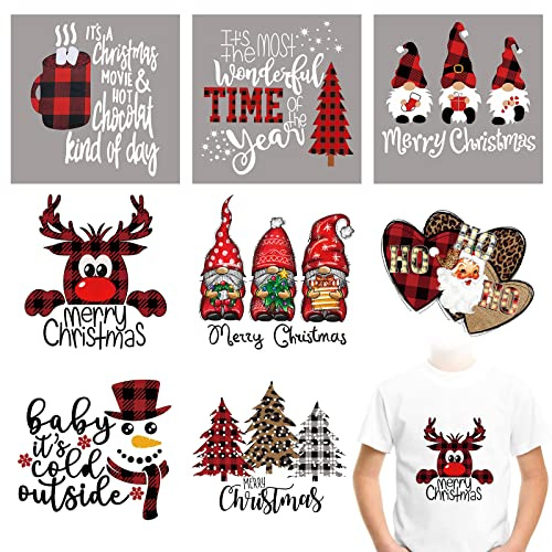 8 hojas de calcomanías de Navidad para planchar lindas calcomanías de vinilo de transferencia de calor, calcomanías coloridas de vinilo de Navidad, parches de Papá Noel, alce, apliques para diseño de