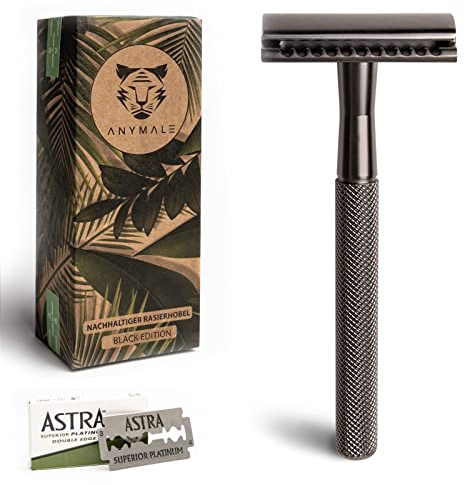 ANYMALE® Rasierhobel Black Edition - inklusive 5 ASTRA Klingen - Zero Waste Rasierer für Damen und Herren
