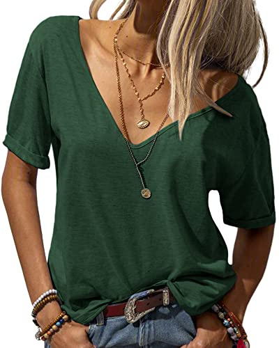 Tankaneo T-shirt pour femme à la mode, avec col en V, à manches courtes, couleur unie, décontractée, basique estivale, vert, Large