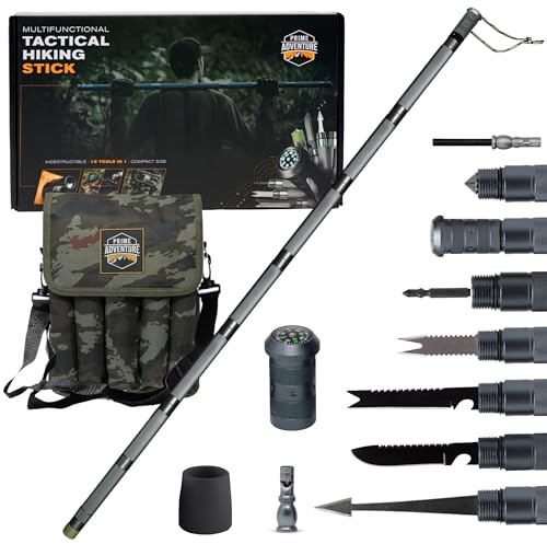 Prime Adventure 15-in-1 Tactical Survival Walking Stick & Hiking Staff – Heavy-Duty Collapsible Multitool for Camping, Hiking & Outdoor Survival Gear (8 Tubes, Premium Build)