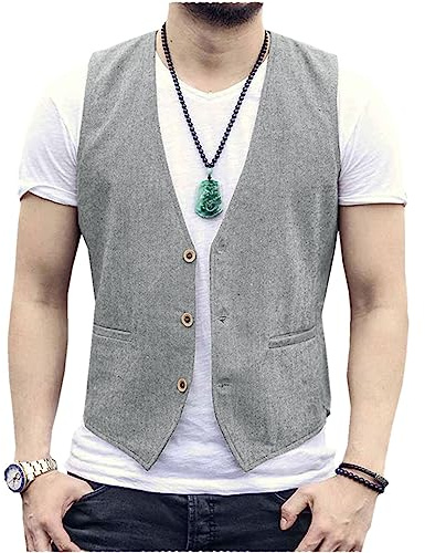 Solovedress Gilet estivo da uomo, slim fit, in lino, scollo a V, alla moda, per matrimoni e feste, grigio chiaro, XL