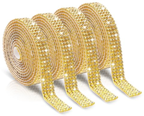 Självhäftande strassband, 4 rullar, bling, kristall, strass, remsor, klistermärken, glitter, rulle, för gör-det-själv-hantverk, kläder, bilskor (4 rader på 1 meter, guld)