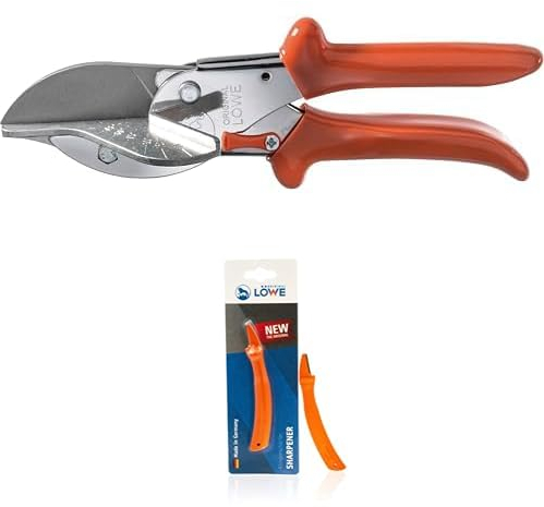 Original LÖWE Set bestehend aus Gehrungsschere 3.104 mit 45° Anschlag für Industrie und Handwerk & Klingenschärfer 0022 für Gartenscheren und Industriescheren