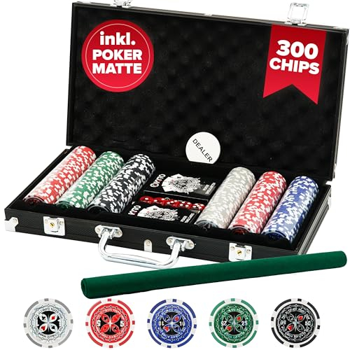 Kyto Pokerkoffer 300-tlg. Poker Set - Ideales Texas Holdem Set - Mit Koffer, Pokerchips, Pokerkarten und Pokermatte - Perfektes Pokerspiel für Profis und Anfänger im Cash Game und Turnier Poker