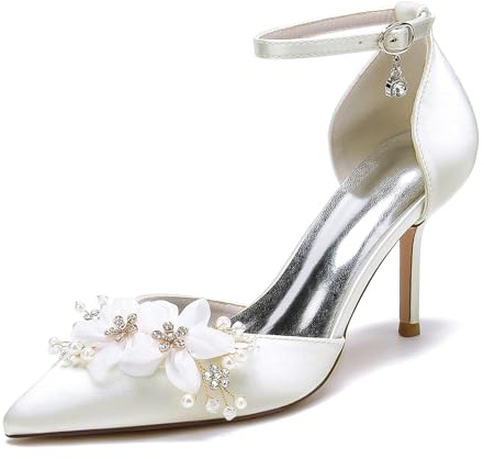 HXTYXCQ Mujer Tacón De Aguja Zapatos De Novia con Flores De Encaje Punta Puntiaguda Zapatos De Fiesta De Graduación Correa De Tobillo Vestido De Novia Zapatos,Marfil,37 EU