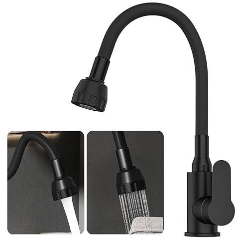 Grifo Cocina Negro, Fregadero Negro Flexible y Giratorio 360º, Acero Inoxidable Grado 304, 2 Modos de Agua, Antihuellas, Fácil Instalación