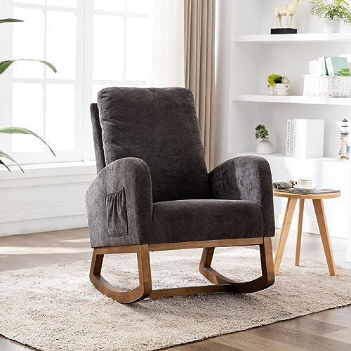 KeepGoon Mecedora suave, mecedora para la habitación de los niños, acolchada con respaldo alto, silla de acento para el salón, silla mecedora, silla de balancín, madera maciza (negro)