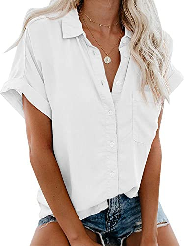 IPMQ Womens Button Down Shirts Short Sleeve Linen Style Cotton Collared Button Up Casual Blouses Oversized Tops with Pocket White