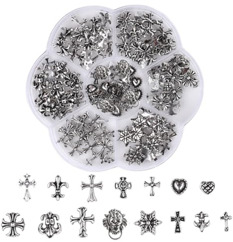 NHQZ 75 Pièces Breloques pour Ongles Croix Argent Charme pour Nail Art avec Coeurs Gothiques Rétro Punk Crânes Manucure Décorations Nail Art, decoration ongles nail art