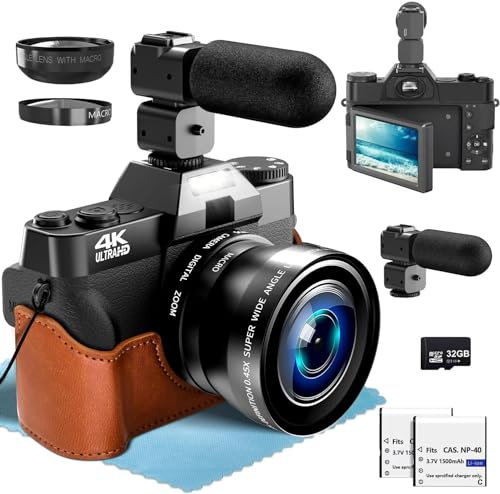 4K Digitalkamera 18X Digitalzoom 56MP Fotokamera mit Weitwinkel+Macro Linse, mit WiFi und Manueller Fokus, 32G TF Karte 3.0 Kompaktkamera 180° Flip