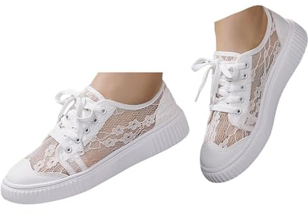 Xbemkste Traditionella skor för damer, sneakers, mesh, ventilerande sommarskor, bekväma, platta skor, broderade fritidsskor, brud, tennisskor, spets, sneakers, Vit, 40 EU