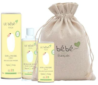 Bio-Geschenkset zur Geburt, Bio, Babypflege, 100 % natürlich, mit 3 Produkten – 2-in-1-Pulver, Bio- und pflanzliches Pflegeöl, Reisegröße, zarte und empfindliche Haut