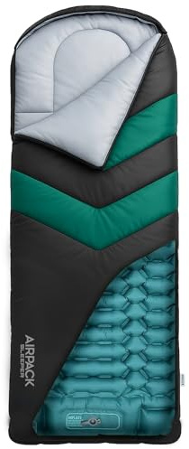 Rangland Sleeping Bag with Built-in Pad (AirPack Sleeper) - All-in-One Inflatable Sleeping Pad and Zip-Up Blanket for Camping with Built-in Foot Pump (Black/Green) 80×30