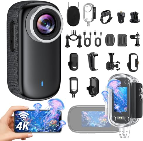 Mini Action Cam 4K, 32GB Action Camera Fotocamera Sportiva, 150° Grandangolo Body Cam Portatile Videocamera Subacquea Impermeabile 30m Accessori Multifunzione, Videocamera da Casco per Esterni, Vlog