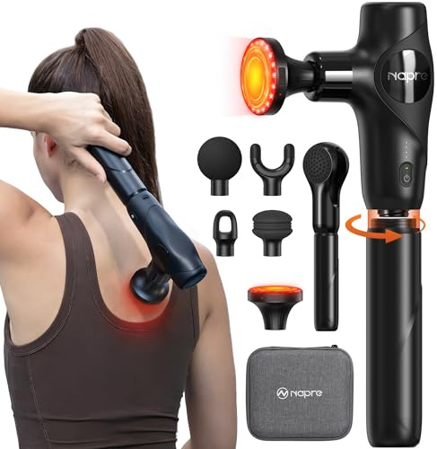 Pistola de Masaje Muscular Calor y Luz roja,NAPRE Mini Pistola Masaje Massage Gun con Mango Desmontable,5 Cabezales,Silencioso,Pistola Masajeadora Muscular Cervical y Espalda–Regalo Para Hombre,Mujer