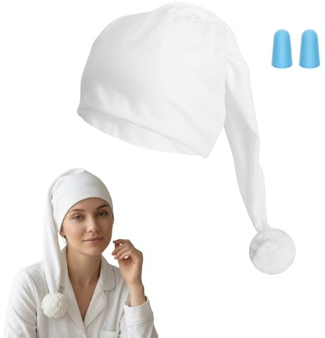 Bonnet de nuit blanc avec pompon et oreillettes bleues, bonnet à pointe pour hommes et femmes, matière douce et respirante, chapeau de déguisement pour le carnaval ou une soirée pyjama (56 cm long)