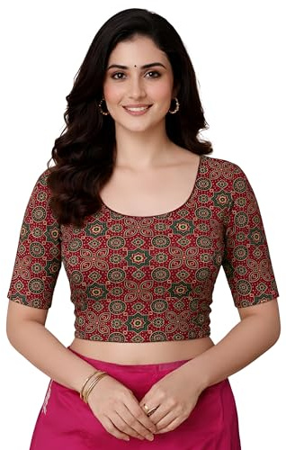 Jaanvi fashion Women's Kalamkari Print Cotton Stretchable Round Neck Readymade Saree Blouse (kalamkari-blouse-ajrakh-maroon-2xl)