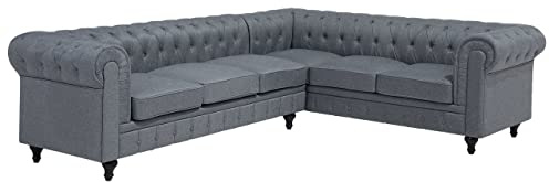 Beliani Sofá Chesterfield esquinero tapizado en Tela Gris Patas de Madera Oscura 6 plazas versión Izquierda Estilo clásico Chesterfield