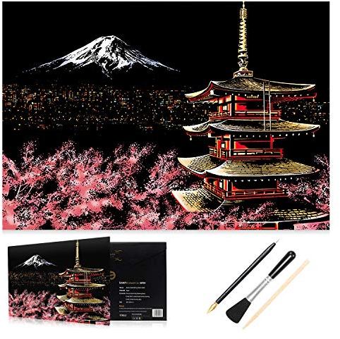 H HOMEWINS Kratzbilder für Erwachsene Kratzpapier Set Nachtansicht der Stadt 405 x 285 mm Wandbilder Kratzkunst Set mit Werkzeug (Berg Fuji)