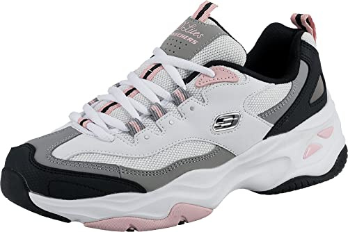 Skechers Femme D'Lites 4.0 Fresh Diva Trainers, White Leather Mesh Black Pink Trim, 37 EU