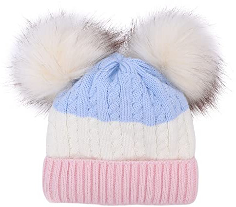 Ever Bloom Berretto con pompon per bambini, con 2 pompon in pelliccia sintetica, caldo berretto invernale con fodera interna in pile termico, Rosa/Blu., Taglia unica