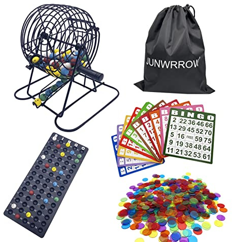 JUNWRROW Deluxe Bingo Game Set, Includes 1000 Colorful Chips, 100 Bingo Cards, 75 Calling Balls, 6 Inch Rotary Metal Cage, Bingo Master Board, 2 Velvet Bags,1 Big Storage Bag - Ideal for Large Groups