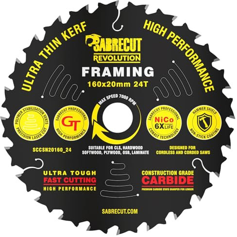 1 x SCCSN20160_24 SabreCut 160mm 24T x 20mm Bore High Performance Ultra Thin Kerf Wood Plywood MDF Chipboard Framing Circular Saw Blade