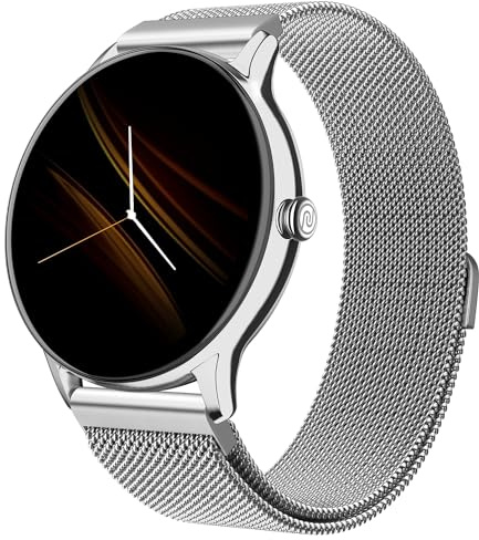 Brusklocka med rund urtavla med Bluetooth-samtal, 1,35 tums TFT-skärm, upp till 7 dagars batteri, 100 + urtavlor, IP68, pulsmätare, Silverlänk, en storlek, Mesh metall