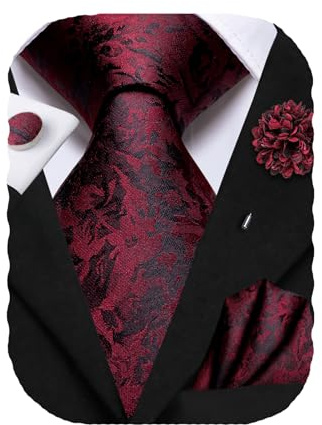 Hi-Tie Herren-Krawatte, Reversnadel-Set, Einstecktuch, Manschettenknöpfe, gewebte Seidenkrawatten für Männer, Hochzeit, formelle Anlässe, 01 - Schwarz/Rot-Blume, M
