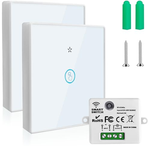 Wenosda Funk Touch Lichtschalter, Touch-Schalter, Reichweite im Innenbereich bis zu 50 Meter, 2 Empfänger, weiß