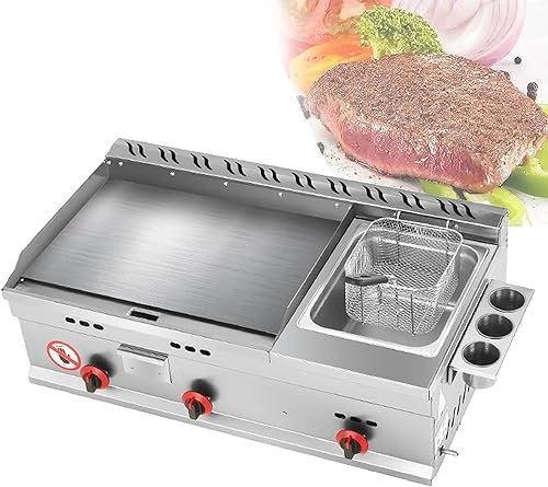 Restaurant Stainless Steel Teppanyaki Fry Pan with Adjustable Temperature - Commercial Countertop Gas Griddle for BBQ Cooking Steak, Eggs, Pancakes