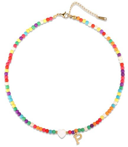 Mikovivi Initial Beaded Necklace, Colorful Cute Beaded Necklace with Heart Shells Stylish Letter Pendant Necklace Handmade Personalized A-Z Gifts for Women Girls (Letter P)