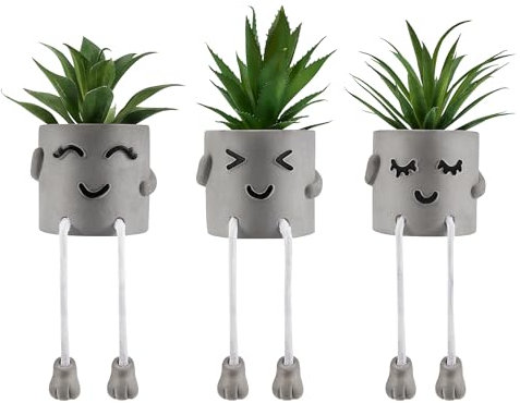 Plomevry 3 Pack Cute Artificial Potted Plant Fake Plant with Hanging Leg Plant Pots with Emotional Cement, Faux Plants Home Decor for Home Office Bedroom Living Room Table Desk Shelf
