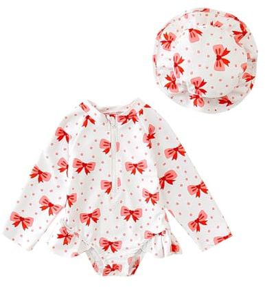 Nicoxijia Baby Girls Long Sleeve One Piece Swimming Costume Zipper Swimsuit Swimwear Bathing Suit Rash Guard with Sun Hat Set (White, 12-18 Months)