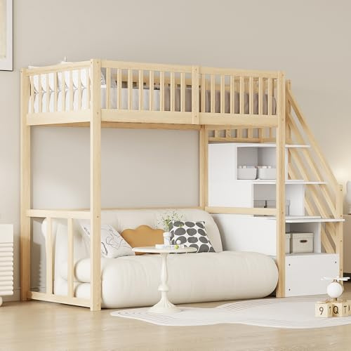 Moimhear Hochbett Sicherheits-Aufbewahrungsleiter, Bettgestell aus massivem Kiefernholz für Kinder und Jugendliche(Holzfarbe+Weiß, 90x200cm)