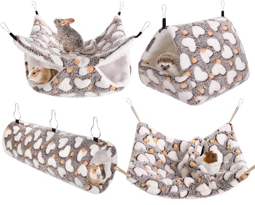 MCEAST 4 Pieces Small Pets Cage Accessories Hanging Hammock Sleeping Bag Tunnel and Bed Hideout Set Warm Sleep Nap Sack Bed for Hamster Ferret Squirrel Rabbit