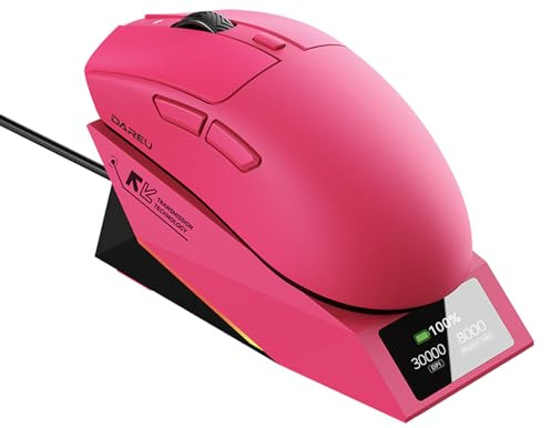 DAREU AE6 Pro Wireless RGB Gaming-Mouse mit Anzeige Magnetic Charging Base - Custom PAW3950 Sensor mit 30K DPI, 750 IPS, Finely Structured, Sweat-Absorbing Surface, 59 g, 500 mAh Batterie - Magenta
