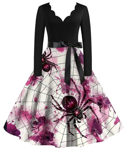 SCBFDI Deguisement Halloween Femme Robe Halloween Col V Manches Longues | Robe Vintage A-Ligne Imprimé Sanguinolent Ceinturée pour Soirée Cocktail, Balançante de Fête d’Automne