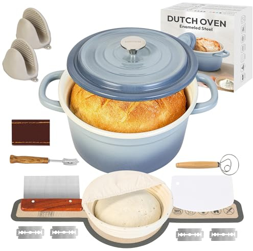 5QT Enameled Steel Dutch Oven with Proofing Basket, Non-Stick Ovenproof Casserole Pot, Blue Gray Dutch Oven for Braising, Stews, Roasting & Bread Baking