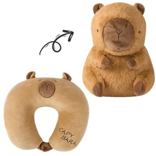 Alaoo Nackenkissen Kinder, Capybara Nackenkissen, Memory Foam Nackenstütze, 2-in-1 Verwandlungsfähiges Wasserschweine Cartoon Tier Nackenhörnchen und Capybara-Plüschtier für Auto Büro Heim