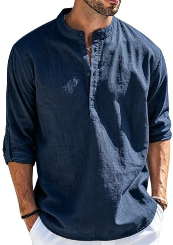 Cegerne Camicia Lino Uomo Maniche Lunghe Estiva Leggera Traspirante Henley Casual Maglietta Casacca Vacanze Spiaggia, Blu Marino, XL