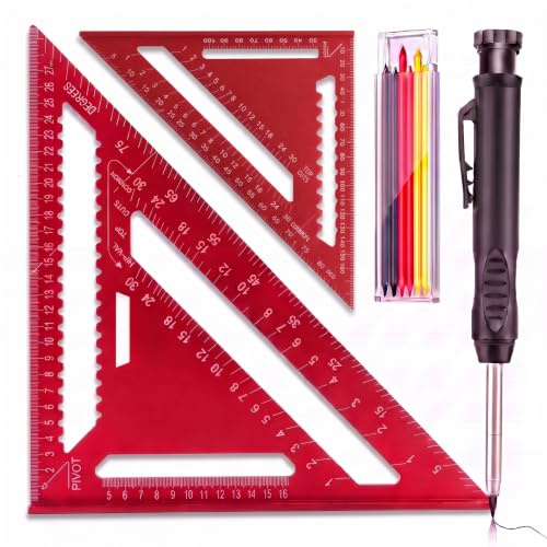 Multifonctionnel Équerre Menuisier, Manillefu 2 pièces 180 mm et 300 mm & Rapporteur d'angle 0-90° avec crayon de construction, équerre combinée en alliage d'aluminium pour bricolage,travail du bois
