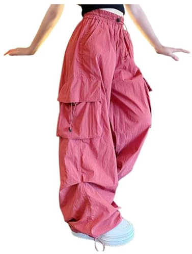 Girls Cargo Trousers Wide Leg Joggers Baggy Trousers Elasticated Waist Casual Joggers Pants Baggy Straight Wide Leg Girls School Multipockets Dance Pants (Watermelon Red-c, 13-14 Years)