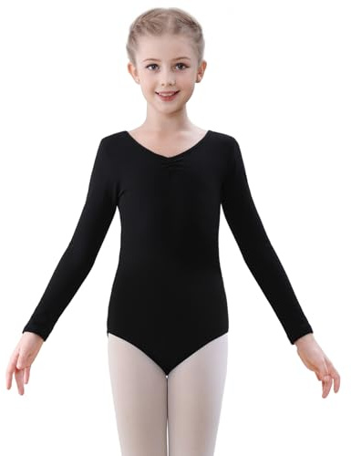 FONLAM Balletttrikot Mädchen Ballettkleidung Turnanzug Mädchen Langarm Gymnastikanzug Tanztrikot Kinder (8-9 Jahre, Schwarz)