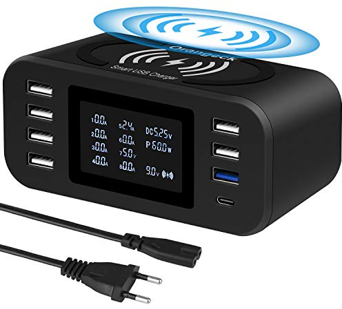 Orangeck Estación de Carga USB Cargador con 8 Puertos(Una QC3.0 y Un Type-C), 10W Rápido Cargador Inalambrico, Charging Station con LDE Pantalla Base de Carga para iPhone Samsungs Huawei y ipads